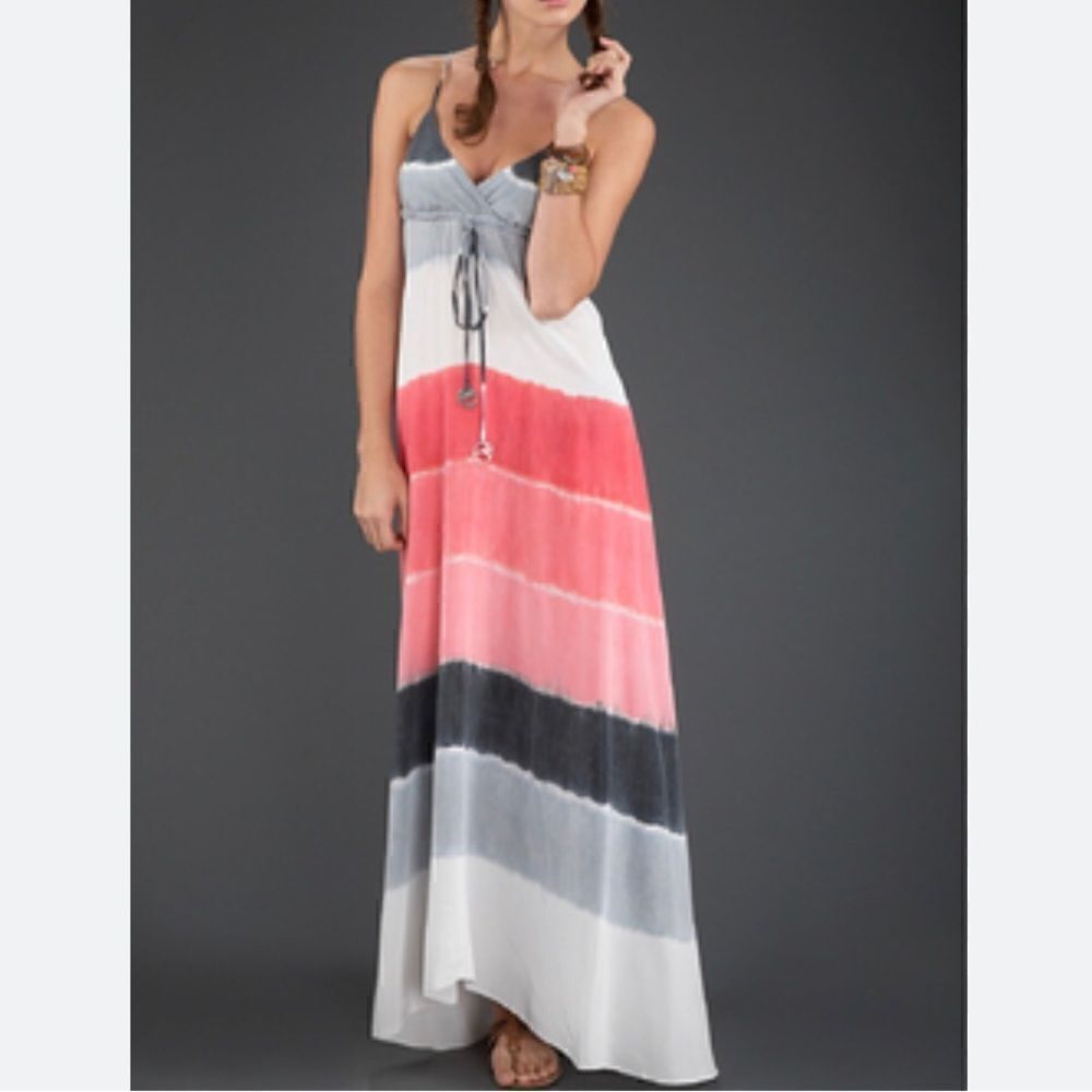 Gypsy 05 Coral Pink Gray Striped 100% Silk Halter Maxi Dress